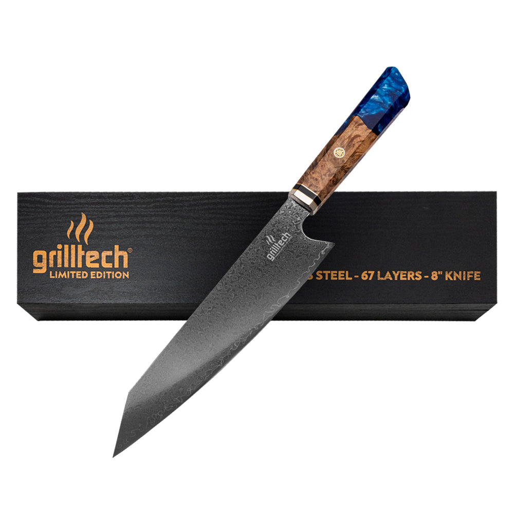 cuchillo damascus vista frontal frente a caja negra