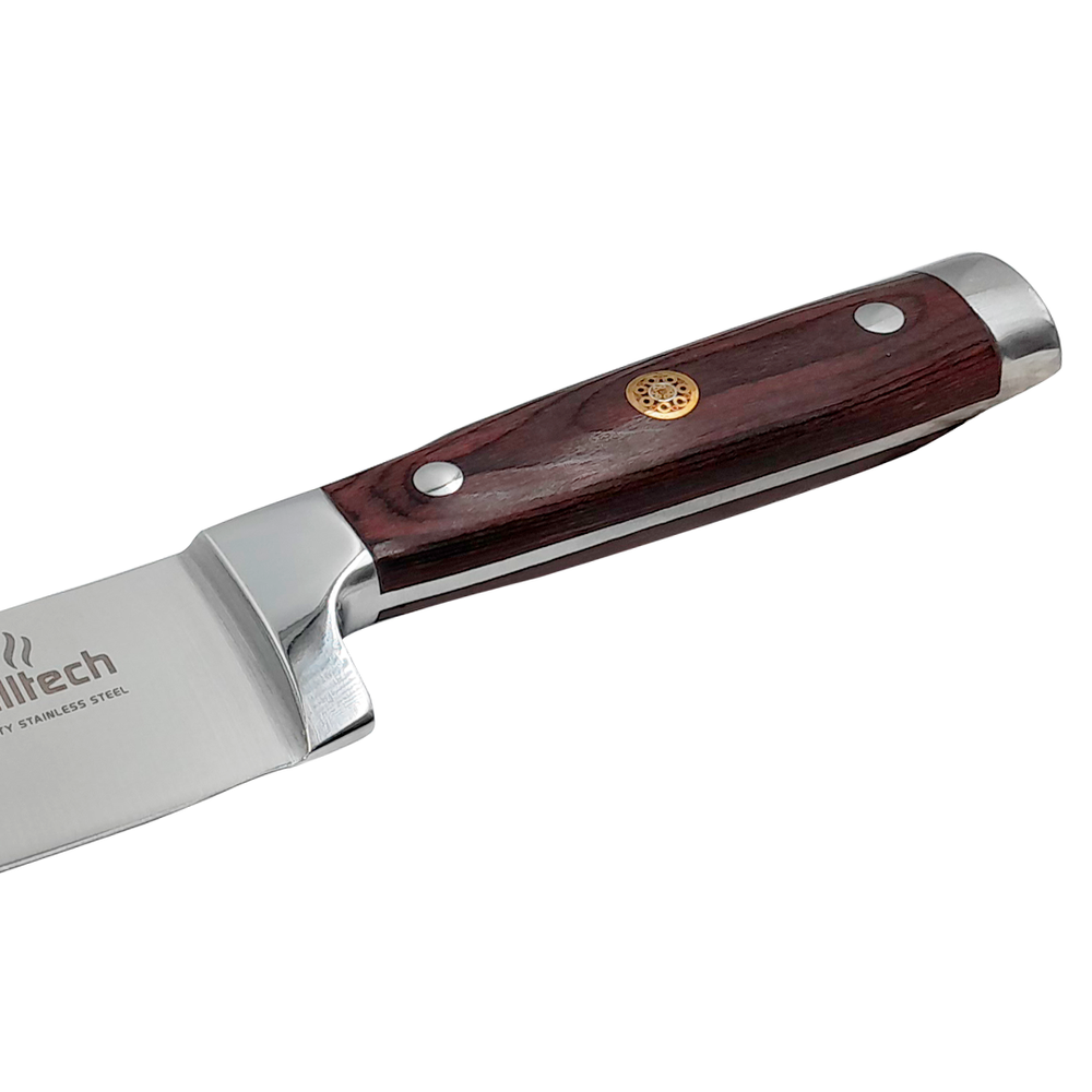 cuchillo chef ocho pulgadas acercamiento mango madera remaches