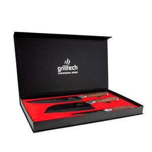 pack tres cuchillos en caja negra con detalles rojo