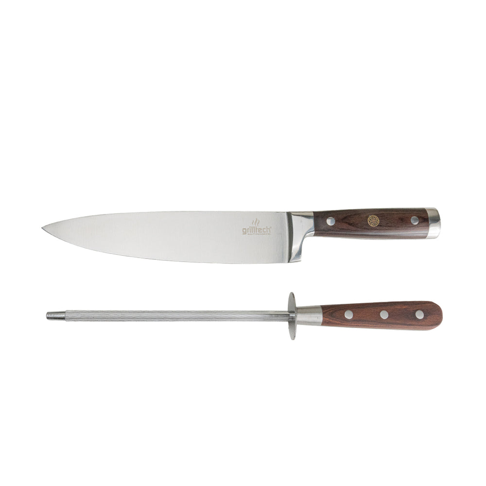 Cuchillo y Chara vista frontal ambos productos mango madera