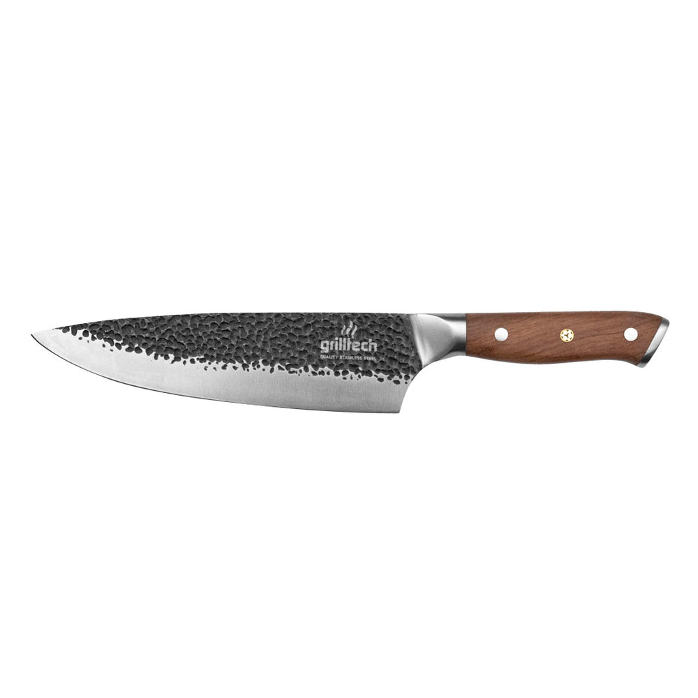 cuchillo amartillado ocho pulgadas vista horizontal mango madera marca