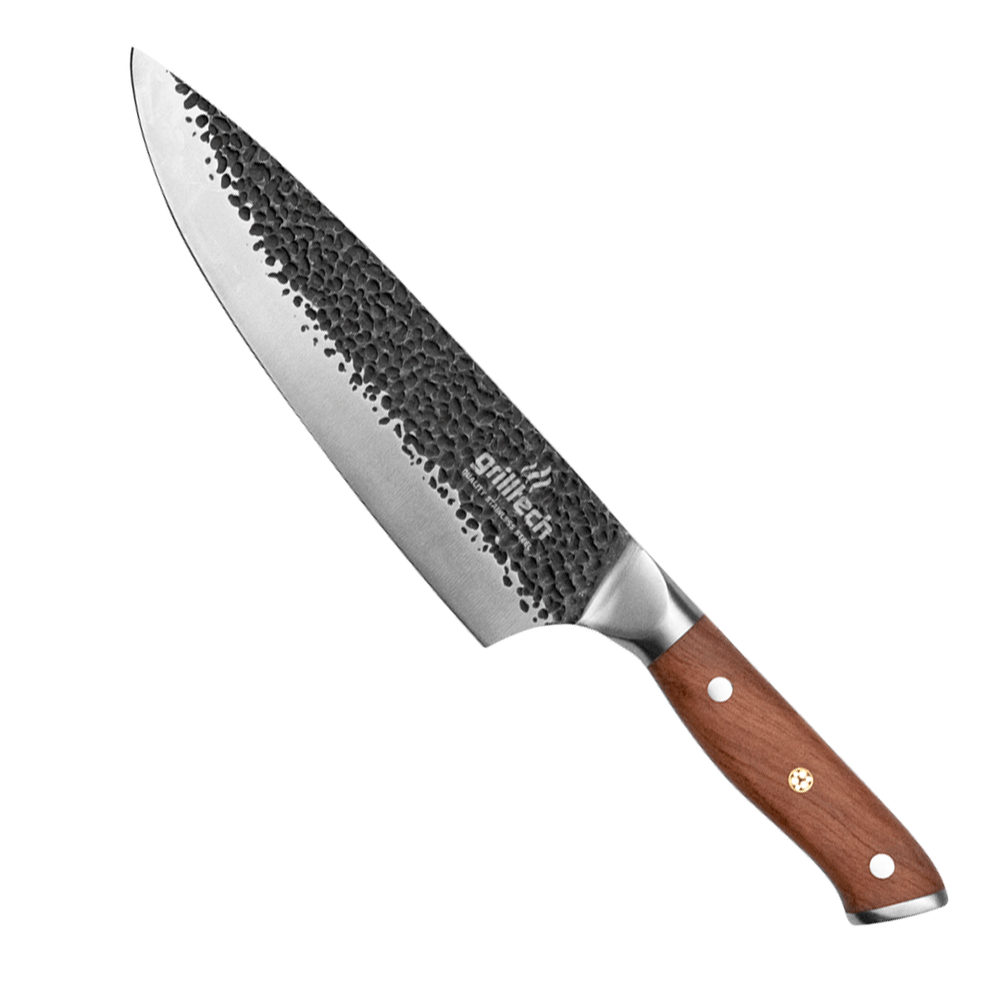 cuchillo amartillado ocho pulgadas vista lateral mango madera marca